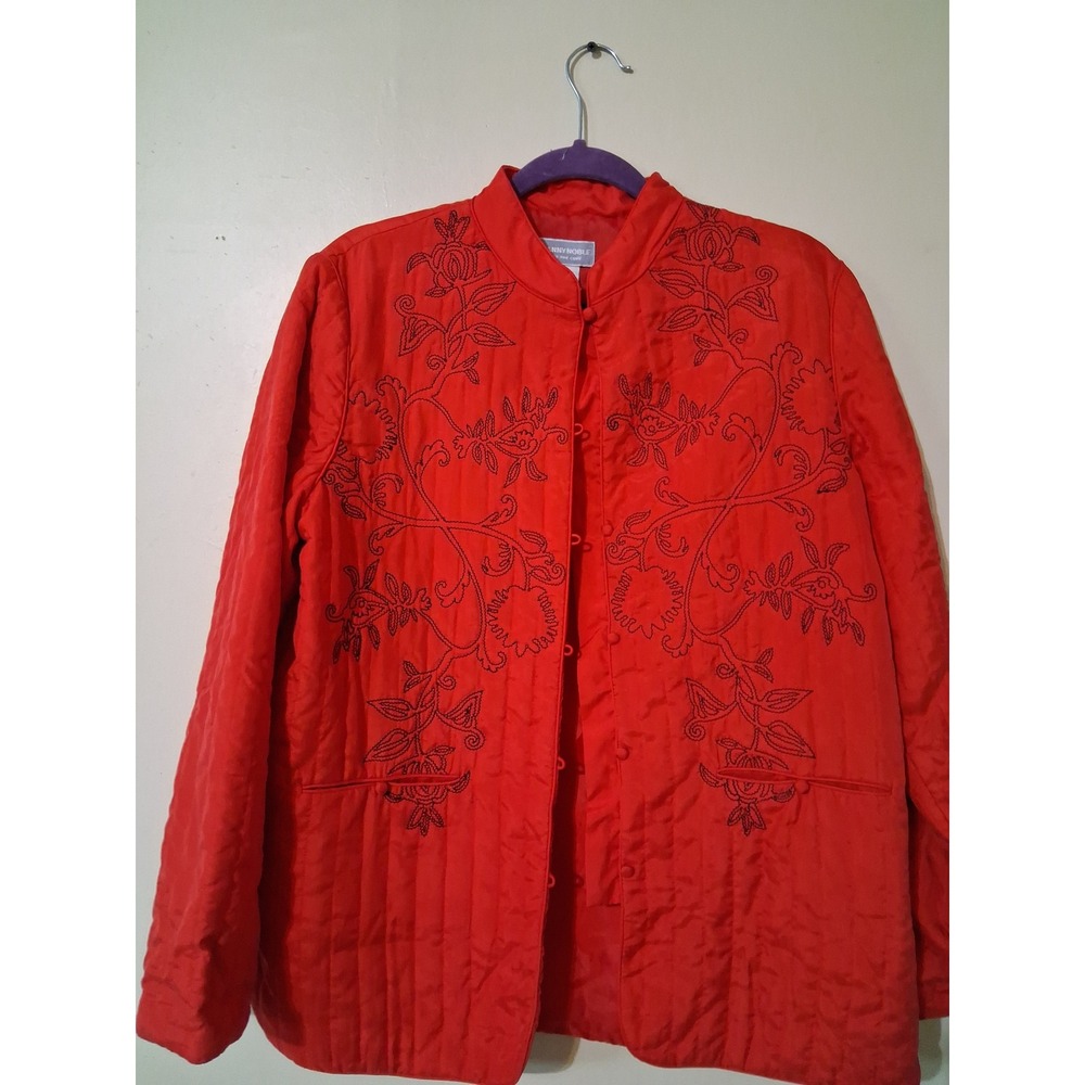 Danny Noble Red Quilted 100% Silk Embroidered Mandarin Collar Jacket Womens M